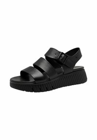 Schwarze Ledersandalen mit drei breiten Riemen, verstellbarer Schnalle und einer dicken, geriffelten Sohle. Glatte Textur, offenes Rückendesign.