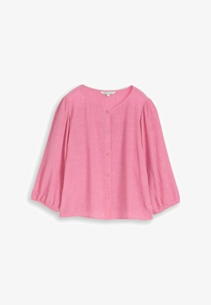 Blouse rose texturée avec encolure ronde, manches longues bouffantes et fermeture à boutons sur le devant, taille petite.