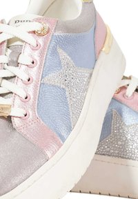 Trainers with metallic pink, blue, and silver leather panels; features a textured star design, white laces, and a chunky sole.
