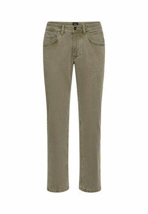 Jeans w kolorze oliwkowym wykonane z miękkiej bawełny, charakteryzujące się klasycznym prostym krojem, pięcioma kieszeniami i widocznymi akcentami ściegów.