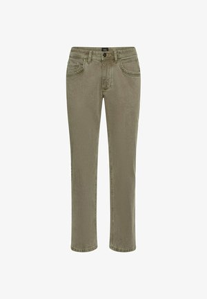 Jeans w kolorze oliwkowym wykonane z miękkiej bawełny, charakteryzujące się klasycznym prostym krojem, pięcioma kieszeniami i widocznymi akcentami ściegów.
