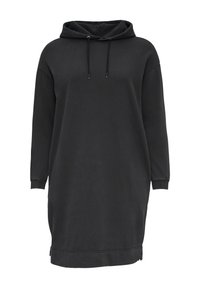 Czarna sukienka z kapturem wykonana z mieszanki bawełny, z regulowanym kapturem, długimi rękawami i luźnym krojem, z prążkowanymi mankietami i dołem.