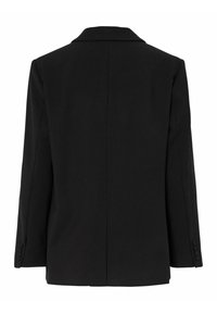 Sort blazer med strukturert design, med V-formet krage, lange ermer og knappede mansjetter. Glatt stoff og enkelt baksplitt.