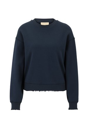 Sudadera corta azul marino con puños acanalados y dobladillo en forma de escote. Tejido suave con un cuello redondeado y hombros caídos.