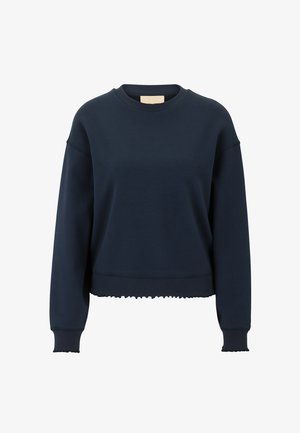Marineblauwe cropped sweatshirt met geribbelde manchetten en een gegolfde zoom. Zachte stof met een ronde halslijn en verlaagde schouders.