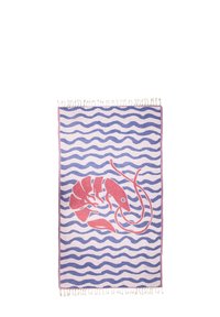Rectangular towel with blue wavy stripes and a large red shrimp illustration in the center, fringed ends on top and bottom.