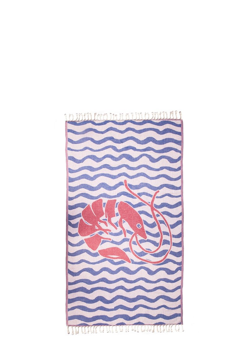 Rectangular towel with blue wavy stripes and a large red shrimp illustration in the center, fringed ends on top and bottom.