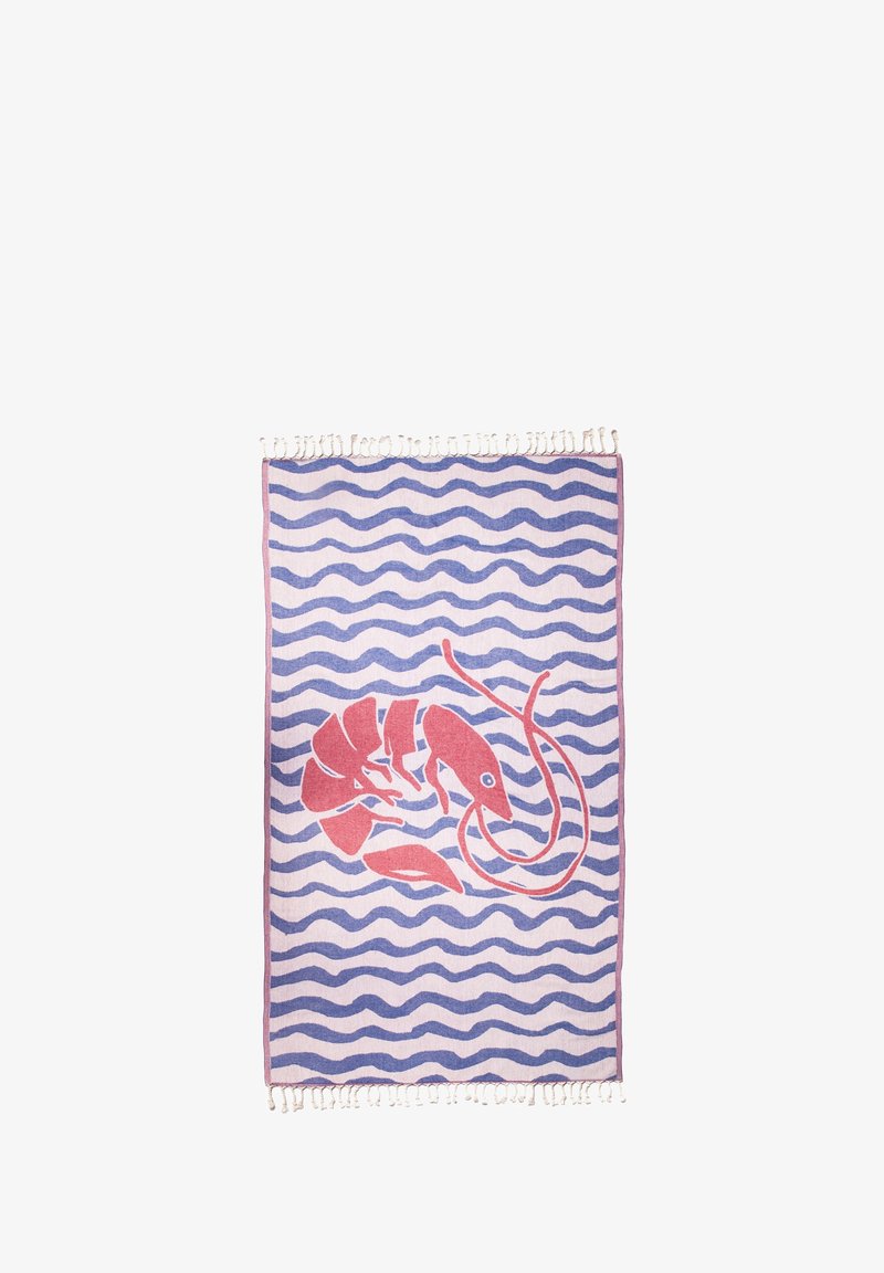 Rectangular towel with blue wavy stripes and a large red shrimp illustration in the center, fringed ends on top and bottom.