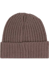 Berretto di maglia marrone con una texture a coste e un risvolto. Realizzato in una morbida miscela di lana o acrilico per calore e comfort.