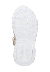 Semelle de chaussure de sport blanche avec des motifs de grip texturés, présentant des sections striées et un bord lisse. Zone de talon renforcée visible.