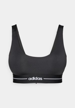 Sutien sport negru dintr-un material neted, cu bretele late și o bandă elastică cu logo-ul Adidas și dungi albe.