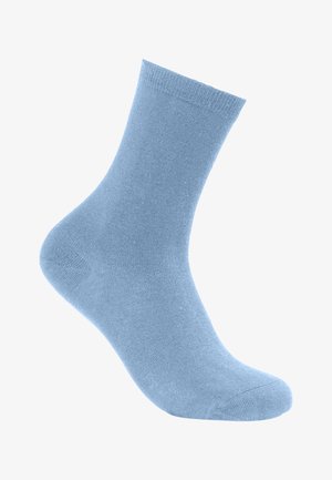 Jasnoniebieska bawełniana skarpetka o gładkiej teksturze, długości do połowy łydki, z wzmocnionym brzegiem i palcami, z bezszwowym wzornictwem.