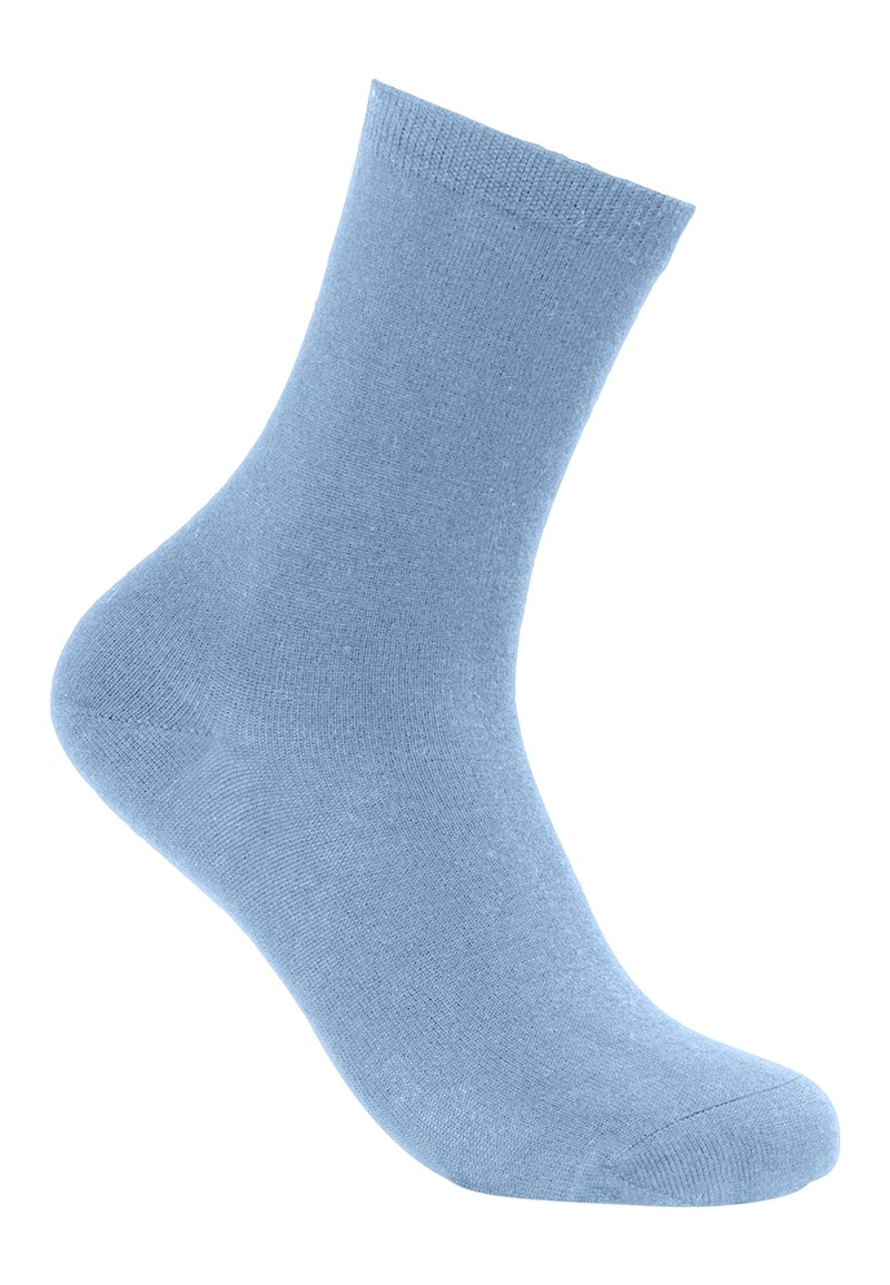 Calcetín de algodón azul claro con una textura suave, de longitud hasta la mitad de la pantorrilla, y con un puño y puntera reforzados, que presenta un diseño sin costuras.