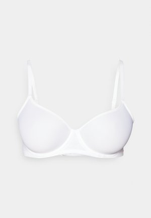 Weißer gepolsterter BH aus glattem Material, mit verstellbaren Trägern und klassischem Unterdrahtdesign. Verfügt über eine nahtlose Silhouette und Haken- und Ösenverschluss.