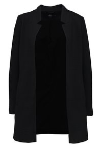 Cardigan noir ouvert sur le devant avec un tissu texturé. Présente un design sans col et des manches longues, créant une silhouette décontractée.