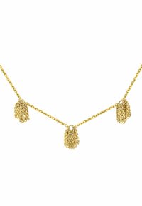 Collar de tono dorado que presenta tres accents de borlas intrincadamente diseñadas, unidas por una fina cadena. El metal texturizado ofrece un efecto de capas.