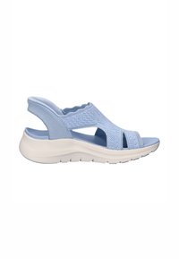 Light blue knit open-toe sandal with white cushioned sole, elastic back strap, and breathable cutout design.