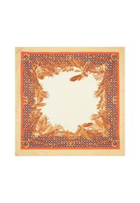 Foulard di seta con un centro beige e un bordo floreale in arancione e viola scuro, con motivi intricati e accenti decorativi.