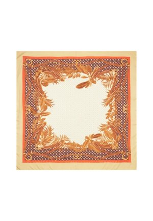 Foulard di seta con un centro beige e un bordo floreale in arancione e viola scuro, con motivi intricati e accenti decorativi.