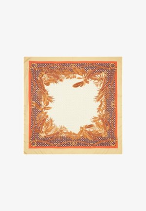 Foulard di seta con un centro beige e un bordo floreale in arancione e viola scuro, con motivi intricati e accenti decorativi.