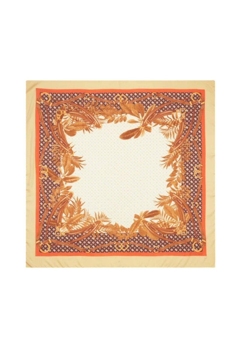 Foulard di seta con un centro beige e un bordo floreale in arancione e viola scuro, con motivi intricati e accenti decorativi.