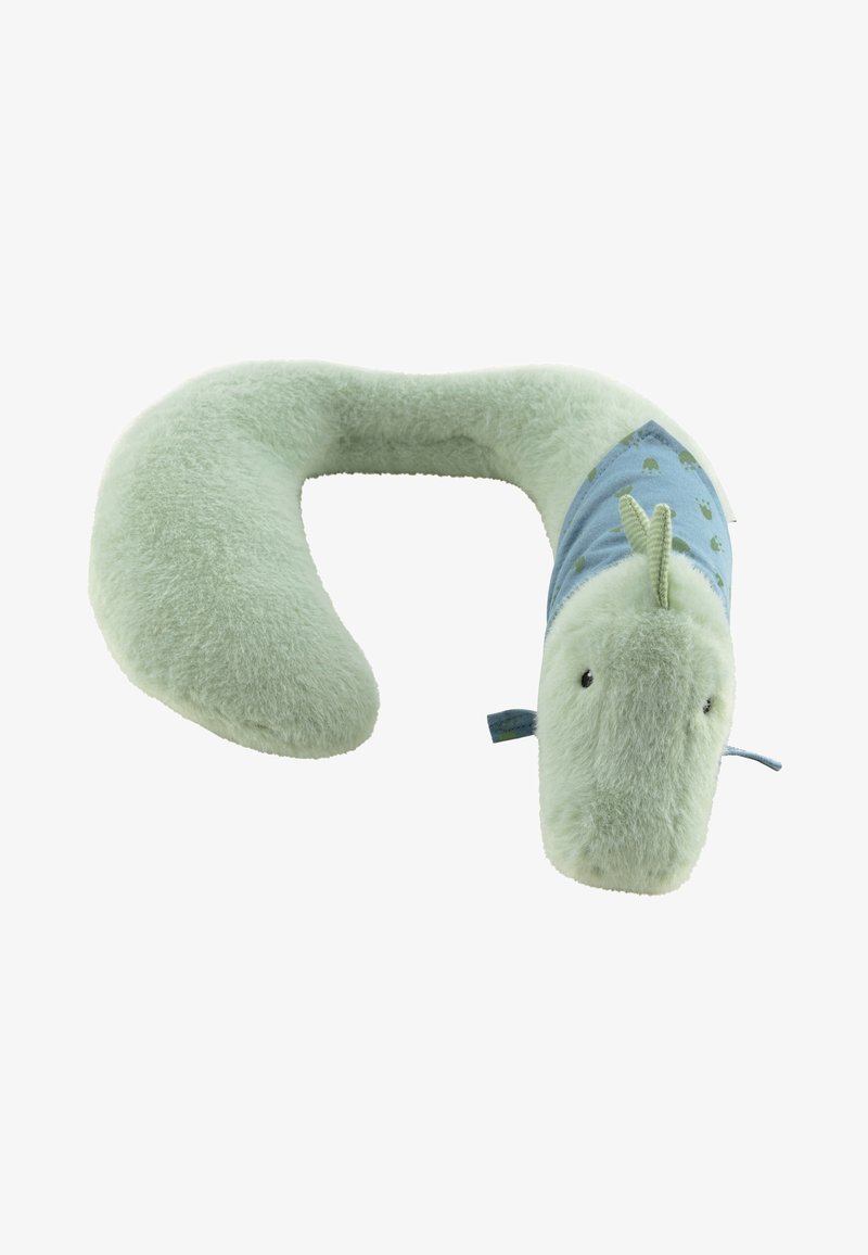 Green plush neck pillow shaped like a friendly creature with a soft texture, blue fabric accents, and small embroidered details.