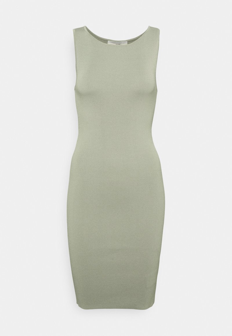 Robe ajustée sans manches longueur genou en vert sauge clair avec encolure ronde et texture en maille côtelée.