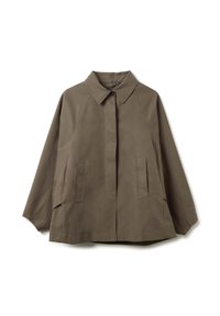 Olive-green jacket with a collared neckline, front button closure, and two side pockets. Features a relaxed fit and smooth, textured fabric.