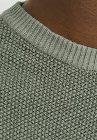 Stickad tröja med en strukturerad yta i en dämpad grön färg. Har en ribbad krage och ett enkelt stickmönster.