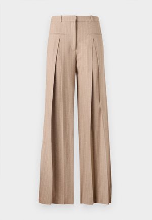Beige vide bukser laget av et lett stoff, med vertikale striper, høy midje og frontfolder.
