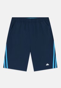 Pantaloni corti blu navy con una vita elastica, caratterizzati da strisce laterali azzurro chiaro e tasche. Include un piccolo logo in basso a destra.