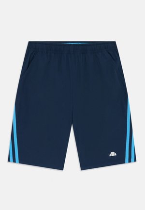 Navy blue shorts with an elastic waistband, featuring light blue side stripes and pockets. Includes a small logo at the bottom right.