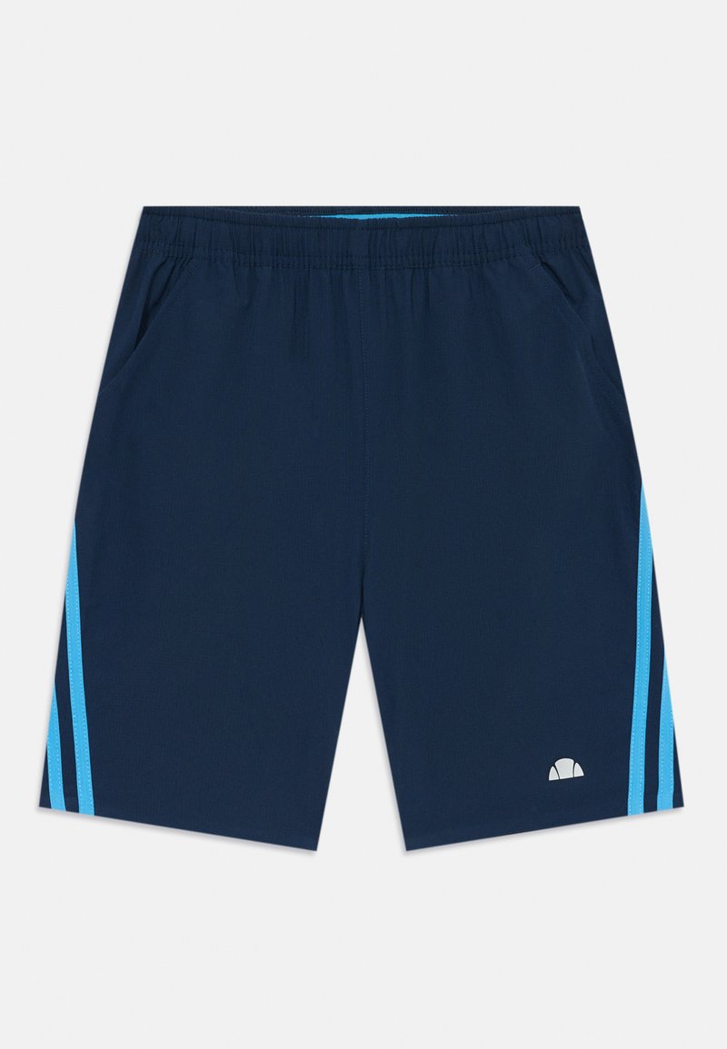 Pantaloni corti blu navy con una vita elastica, caratterizzati da strisce laterali azzurro chiaro e tasche. Include un piccolo logo in basso a destra.