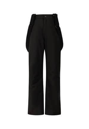 Zwarte rechte broek met brede verstelbare bretels bevestigd aan de tailleband, knoop- en ritssluiting aan de voorkant.