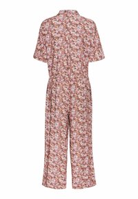 Bloemprint jumpsuit in tinten van roze, oranje en wit. Korte mouwen, kraagnek en wijdvallend ontwerp. Zachte stoftextuur.