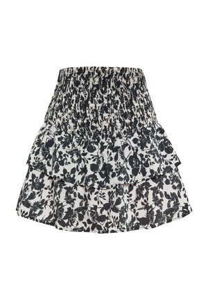 Melnbalts ziedu svārki ar daudzlīmeņu dizainu un smocka jostu, kas izceļas ar spēlīgu frills dizainu un vieglu audumu ar teksturētu apdari.