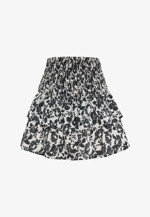 Mustvalge lilleline kihiline seelik, millel on smockitud vöökoht, mänguline ripsmetega disain ja kerge kangas tekstuuriga viimistlusega.