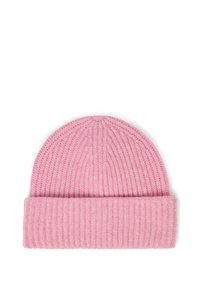 Berretto in maglia rosa con texture a costine e orlo ripiegato, caratterizzato da un aspetto morbido e caldo. Adatto per l'uso in climi freddi.