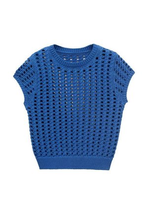 Top scurt tricotat de culoare albastră, cu un design lejer și aerisit, cu modele din dantelă și guler curat ribbit. Textură moale, croi casual.