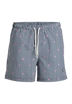 Men’s swim shorts with navy and white vertical stripes and small pink flamingo patterns, featuring a white drawstring waistband.
