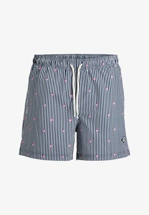 Men’s swim shorts with navy and white vertical stripes and small pink flamingo patterns, featuring a white drawstring waistband.