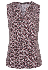 Blouse sans manches en tissu léger, présentant un motif hexagonal en rouge, marine et blanc. Boutonnage à l'avant et col rond.