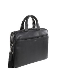 Sorte læder laptop taske med tekstureret overflade, dobbelte top hanke, aftagelig skulderrem og forreste lynlås lomme. Metalhardware detaljer.