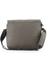 Gray messenger bag made of durable fabric, featuring a padded strap, zip closure, and minimalist design, with no visible logos or patterns.