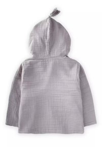 Grau belegte Jacke aus strukturiertem Stoff, mit einer Quaste an der Kapuze und langen Ärmeln, mit einem einfachen, schlichten Design.