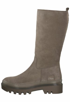 Knee-high brown suede boot with a textured surface, chunky rubber sole, and contrasting stitching. Features a small logo detail on the side.