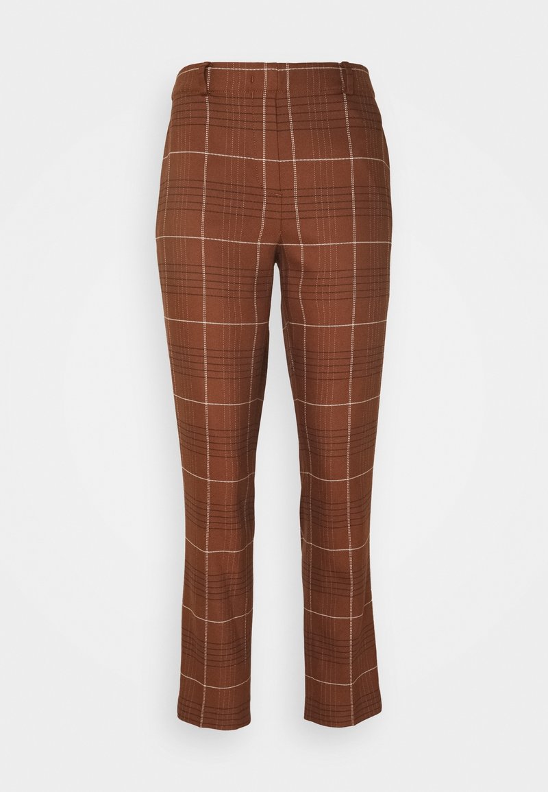 Pantalon marron avec motif à carreaux blancs et noirs, coupe droite et taille haute, présenté sur un fond blanc uni.
