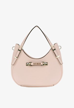 Roze synthetische handtas met een gebogen silhouet, bijpassende schouderband, gouden hardware accenten en een logo-plaat in het midden.