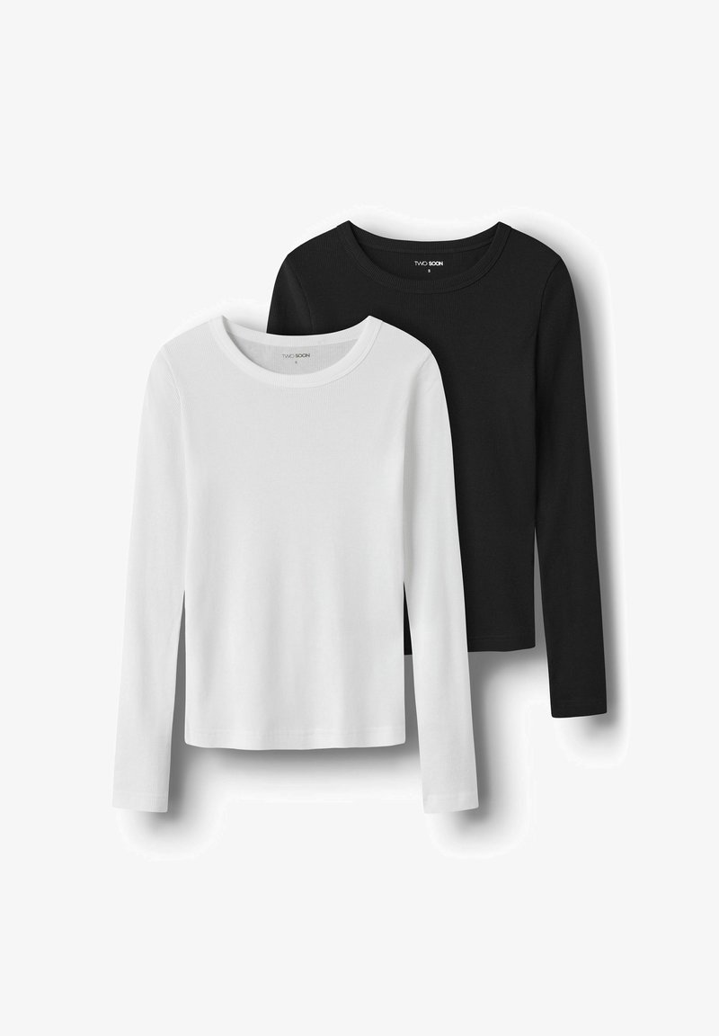 Langärmelige Oberteile in Schwarz und Weiß mit Rundhalsausschnitt, gerippter Struktur und geradem Saum. Jedes ist schlicht und klassisch gestaltet.