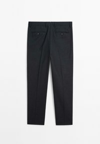 Schiefergraue, maßgeschneiderte Hose mit glatter Textur, ausgestattet mit zwei Gesäßtaschen und flachem Frontdesign. Gerade Passform.